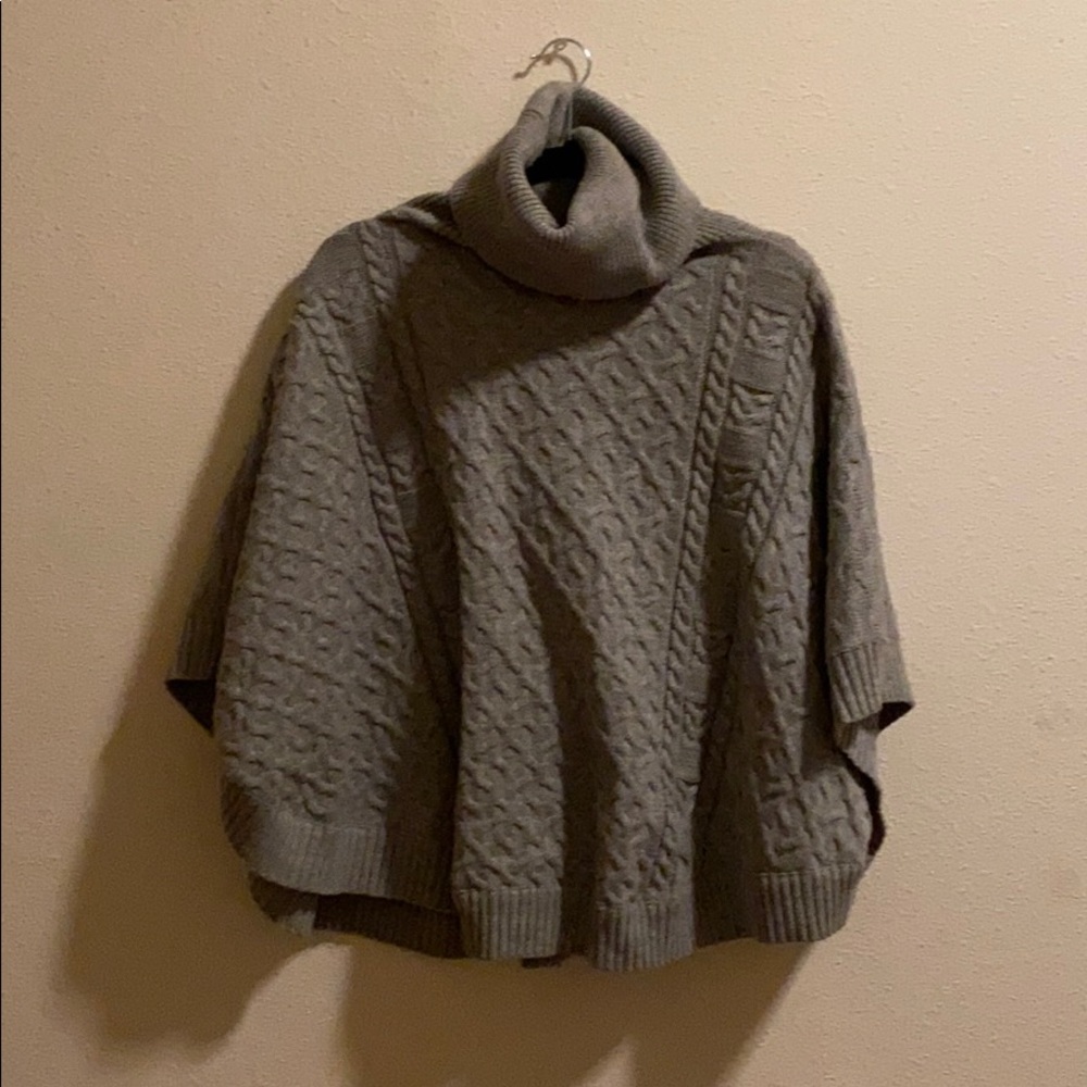 THML grey cable knit poncho with cowl neck